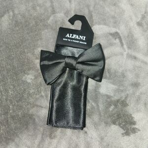 New Alfani Men's Black Bow Tie & Pocket Square Satin One Size